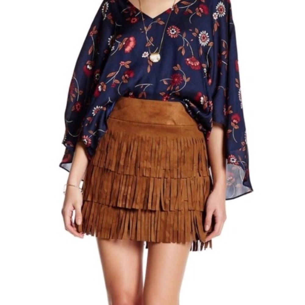 Suede brown fringe skirt